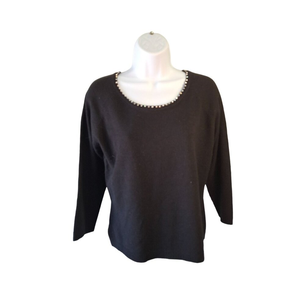 Mac & Jac Scoop Neck Sweater L Black Beaded 3/4 Sleeve Classic Chic